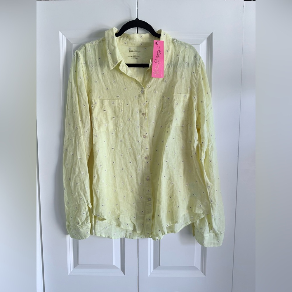 NWT Lilly Pulitzer Sea View Linen Button Down Top Finch Yellow Size XL - Picture 2 of 4